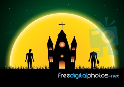 Halloween Castle Headless Zombie Moon  Stock Image