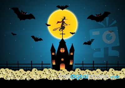 Halloween Castle Skull Witch Moon Bat  Stock Image