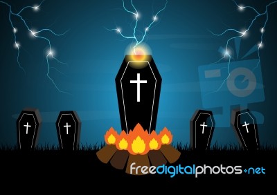 Halloween Coffin Bornfire Thunderbolt  Stock Image