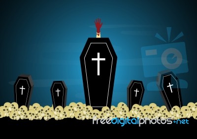 Halloween Coffin Zombie Hand Skull Pile  Stock Image