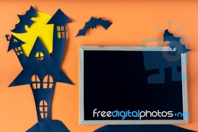 Halloween Concept With Haunted House Castle And Blackboard Stock Photo