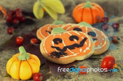 Halloween Decor Pumpkin Cookies Stock Photo