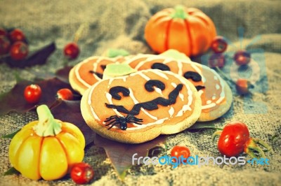 Halloween Decor Pumpkin Cookies Stock Photo