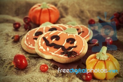 Halloween Decor Pumpkin Cookies Stock Photo