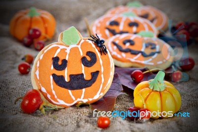 Halloween Decor Pumpkin Cookies Stock Photo