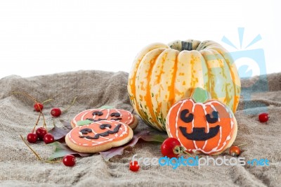 Halloween Decor Pumpkin Cookies Stock Photo