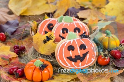 Halloween Decor Pumpkin Cookies Stock Photo