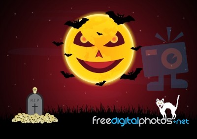 Halloween Devil Moon Gravestone Cat  Stock Image