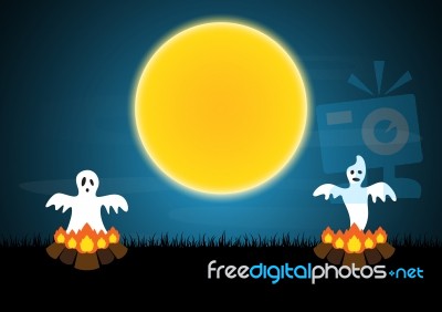 Halloween Ghost Bonfire Moon  Stock Image