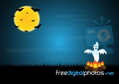 Halloween Ghost Bonfire Moon Bat  Stock Image