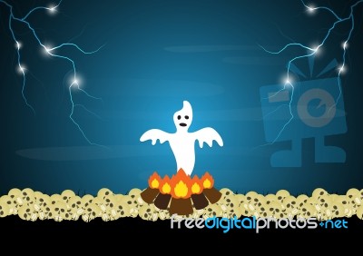 Halloween Ghost Bonfire Skull Thunderbolt  Stock Image