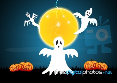 Halloween Ghost Pumpkin Moon Thunderbolt  Stock Image