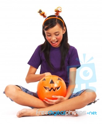 Halloween Girl Getting Treat Stock Photo