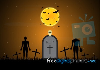 Halloween Gravestone Graveyard Skull Zombie Bat Moon Background Stock Image