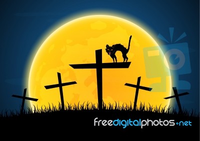 Halloween Growl Black Cat Cross Moon Graveyard Stock Image