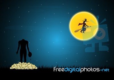 Halloween Headless Zombie Skull Witch Moon  Stock Image