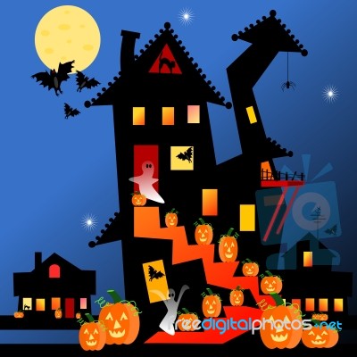 Halloween House And Pumpkins Stock Image