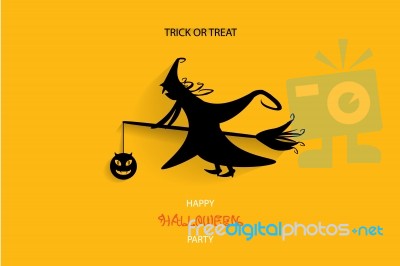 Halloween Illustration With Black Witch And Pumpkin Ride Bloom Stock Image