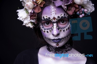 Halloween Model Close-up With Rhinestones And Wreath Of Flowers Stock Photo