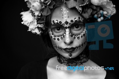 Halloween Model Close-up With Rhinestones And Wreath Of Flowers Stock Photo