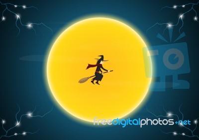 Halloween Moon Witch Thunderbolt  Stock Image