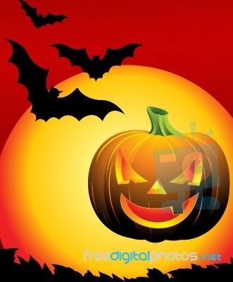 Halloween Pumpkin And Bats Flying Stock Image