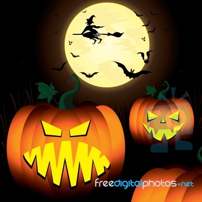 Halloween Pumpkin And Witch, Spooky, Tree, Bats In Moon Night Sky Stock Image