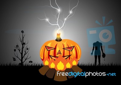 Halloween Pumpkin Bonfire Thunderbolt Mask Tree Zombie  Stock Image