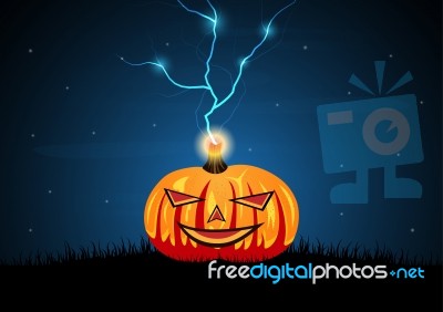 Halloween Pumpkin Graveyard Grass Thunderbolt Stock Image