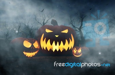 Halloween Pumpkin In Creepy Forest At Night,3d Illustration Stock Image