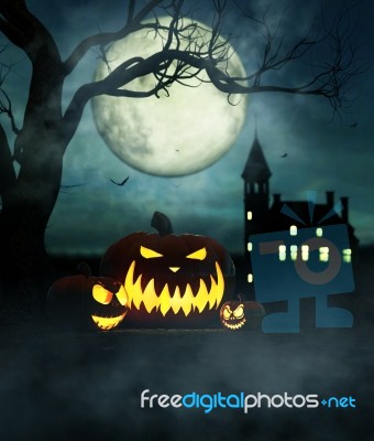 Halloween Pumpkin In The Forest At Night With Castle And The Moon Stock Image