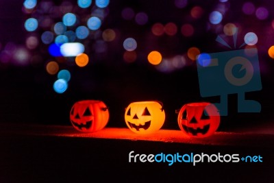 Halloween Pumpkin Lamp, Pumpkin Lantern At Night Stock Photo