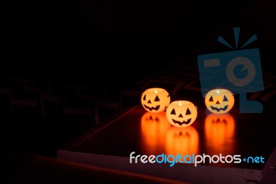 Halloween Pumpkin Lamp, Pumpkin Lantern At Night Stock Photo