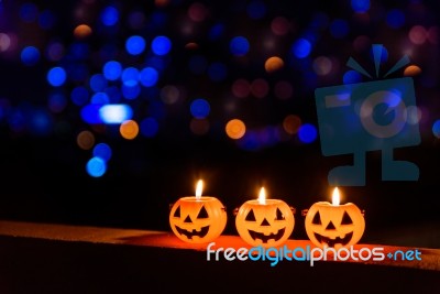 Halloween Pumpkin Lamp, Pumpkin Lantern At Night Stock Photo