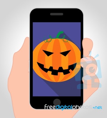 Halloween Pumpkin Online Indicates Trick Or Treat Cellphone Stock Image