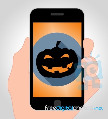 Halloween Pumpkin Online Indicates Trick Or Treat Phone Stock Image