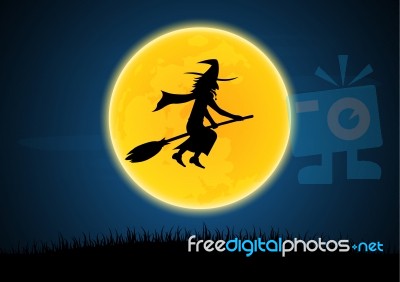 Halloween Silhouette Witch On Broom Moon Graveyard Stock Image