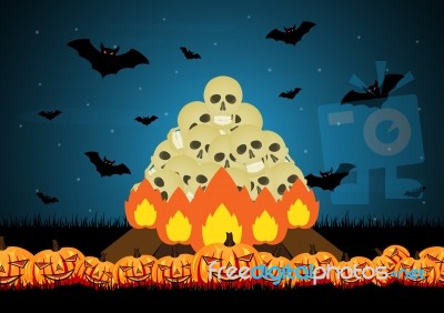 Halloween Skull Bonfire Pumpkin Bat  Stock Image