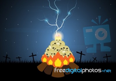 Halloween Skull Bonfire Thunderbolt  Stock Image