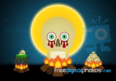 Halloween Skull Bonfire Witch Cauldron Moon  Stock Image