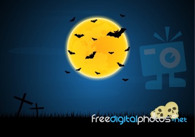 Halloween Skull Graveyard Cross Moon Bat Background Stock Image