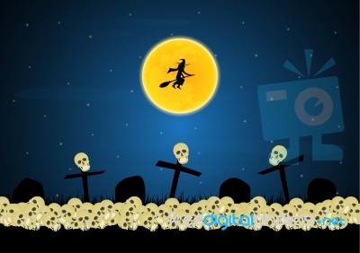 Halloween Skull Graveyard Cross Moon Witch Background Stock Image