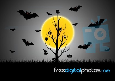 Halloween Skull Mask Dead Tree Bat Moon  Stock Image