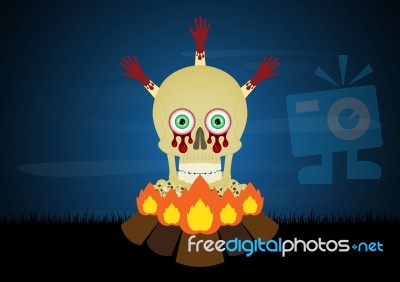 Halloween Skull Pile Blood Hand Bonfire  Stock Image