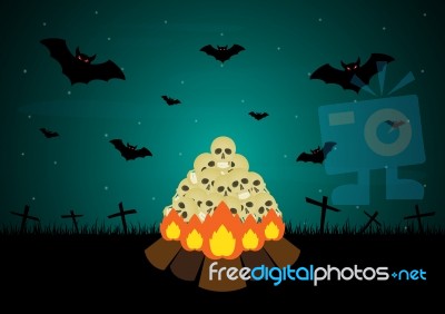 Halloween Skull Pile Bonfire Bat Cross  Stock Image