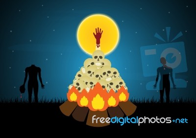 Halloween Skull Pile Bonfire Hand Zombie  Stock Image