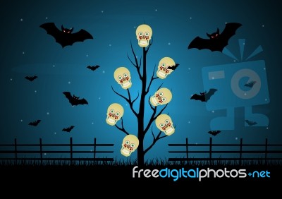 Halloween Skull Tree Bat Fence  Stock Image