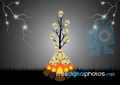 Halloween Skull Tree Bonfire Thunderbolt  Stock Image