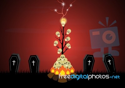 Halloween Skull Tree Bonfire Thunderbolt Coffin  Stock Image