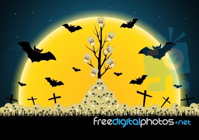 Halloween Skull Tree Pile Cross Bat Moon  Stock Image